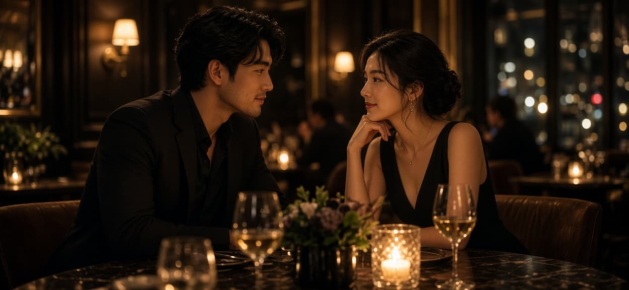 A couple smiling at each other in a candlelit restaurant